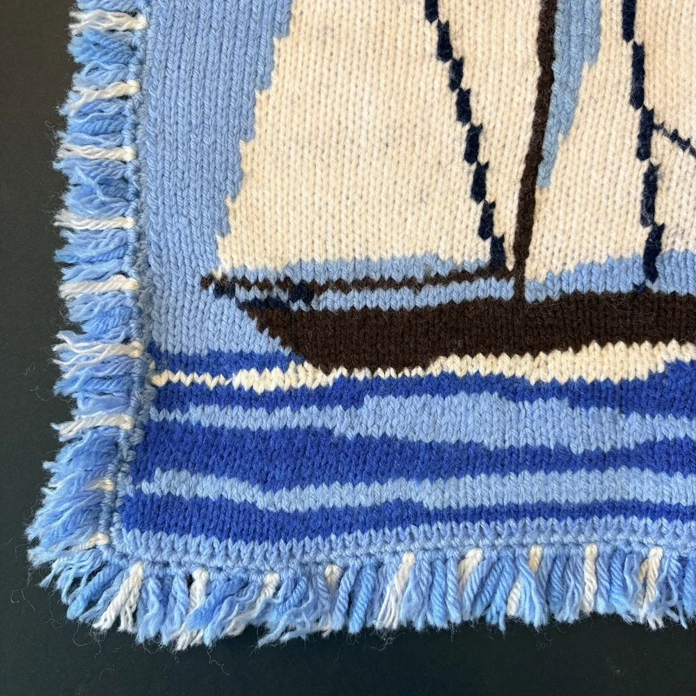 Vintage Textile‎ Nautical Clipper Ship Throw Pillow Cover Sham Blue & White 15